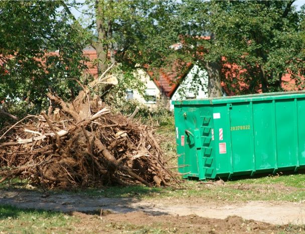 residential dumpster with yard waste in Orange County California.